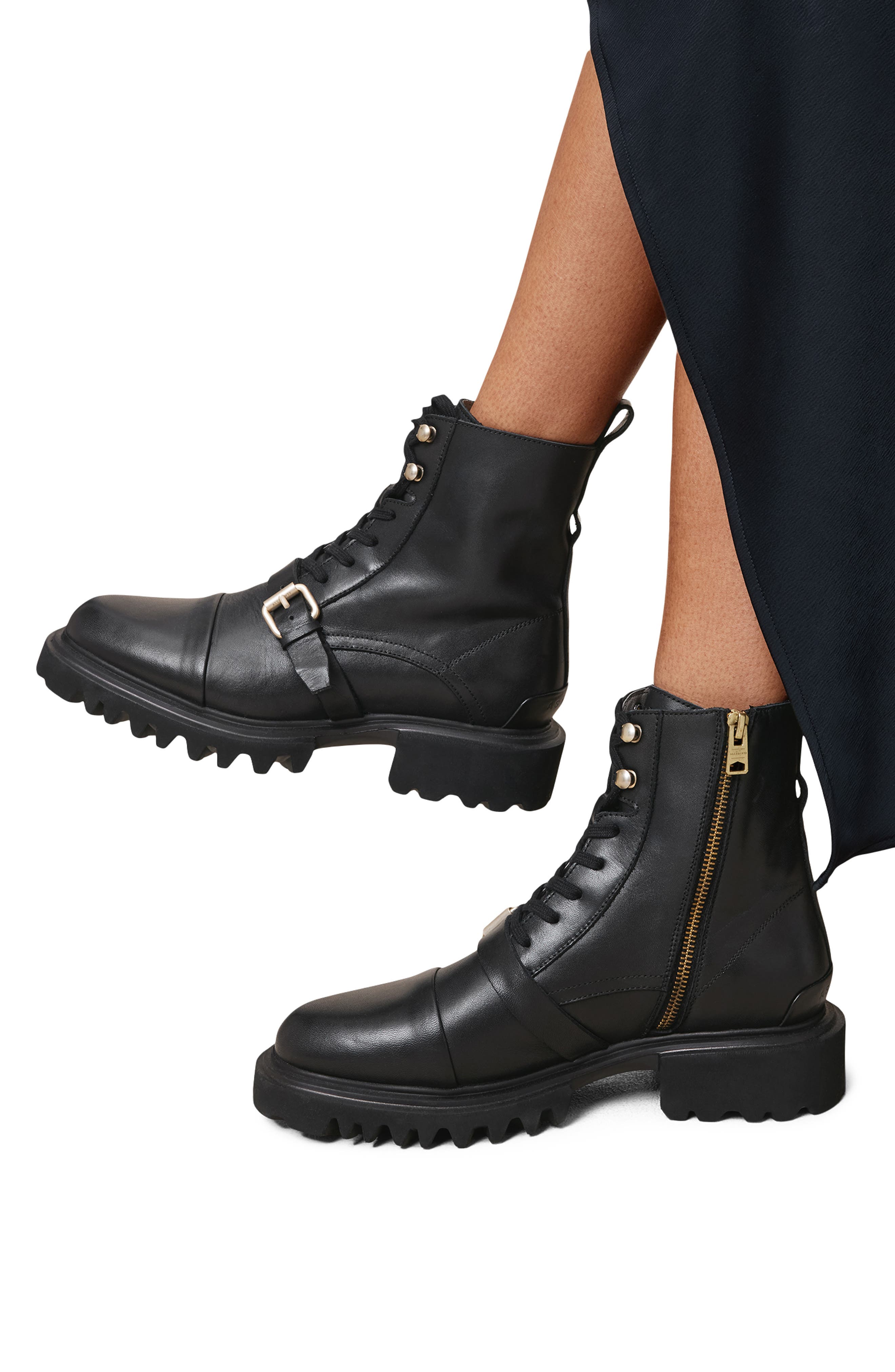 AllSaints Tori Lug Sole Boot, Alternate, color, Black/Warm Brass