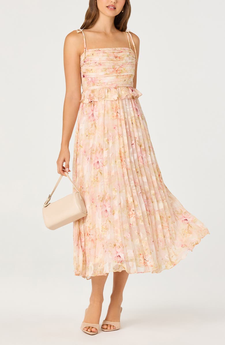 ASTR the Label Emerys Metallic Floral Pleated Midi Dress, Alternate, color, Pink Floral