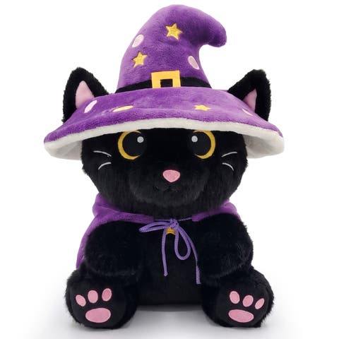 Halloween Cat Plush Toy 12" Black Cat Plushie with Witch Hat, Cuddly Stuffed Animal, Party Favor, Holiday Gift Toy for Kids and Babies