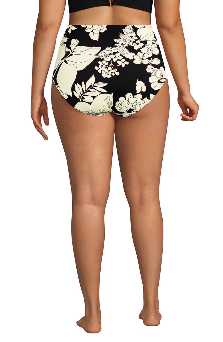 Lands' End Plus Size Pinchless High Waisted Bikini Bottoms, Alternate, color, Black/Egret Lilies
