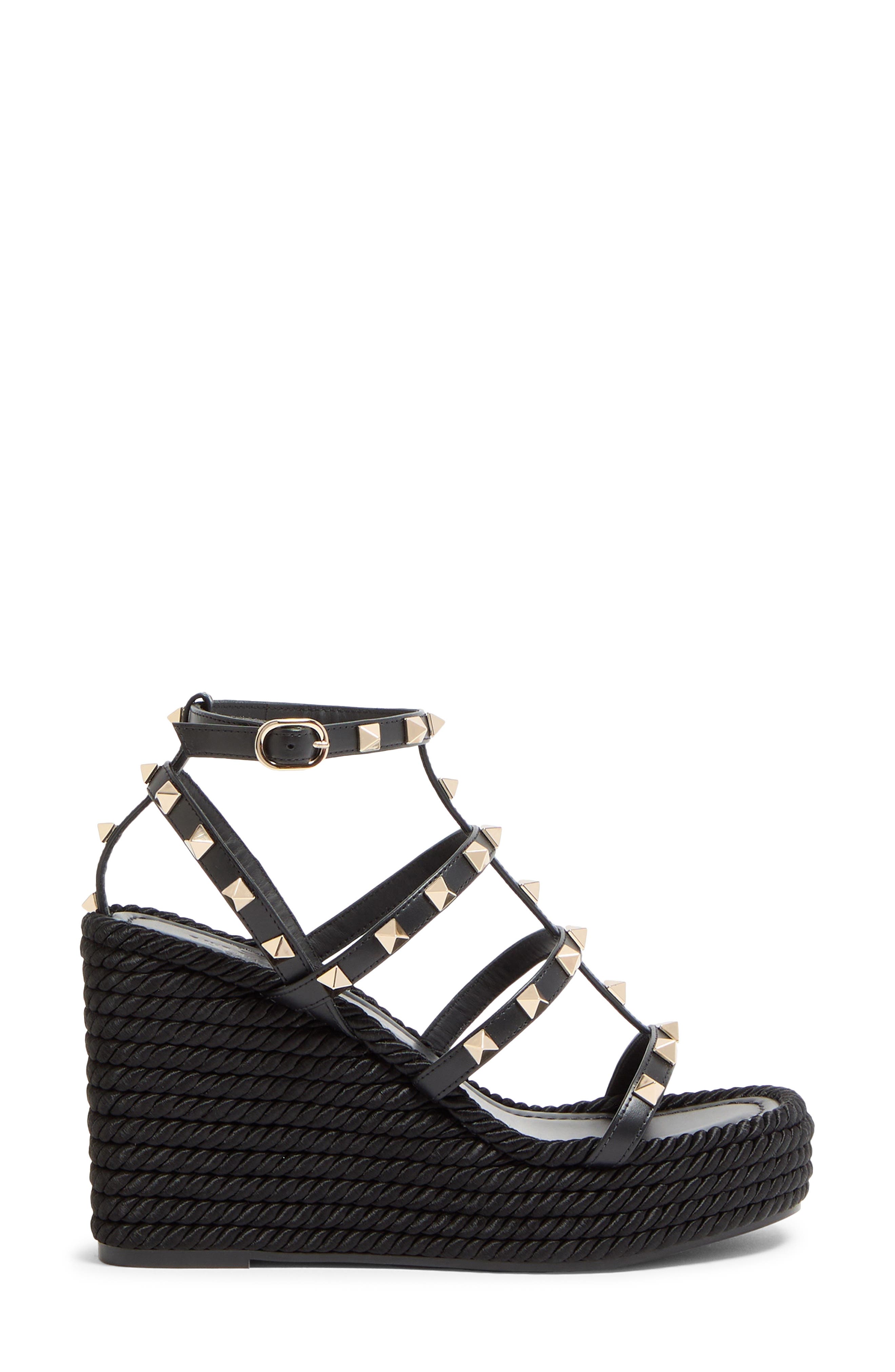 Valentino Rockstud Ankle Strap Wedge Sandal, Alternate, color, Black