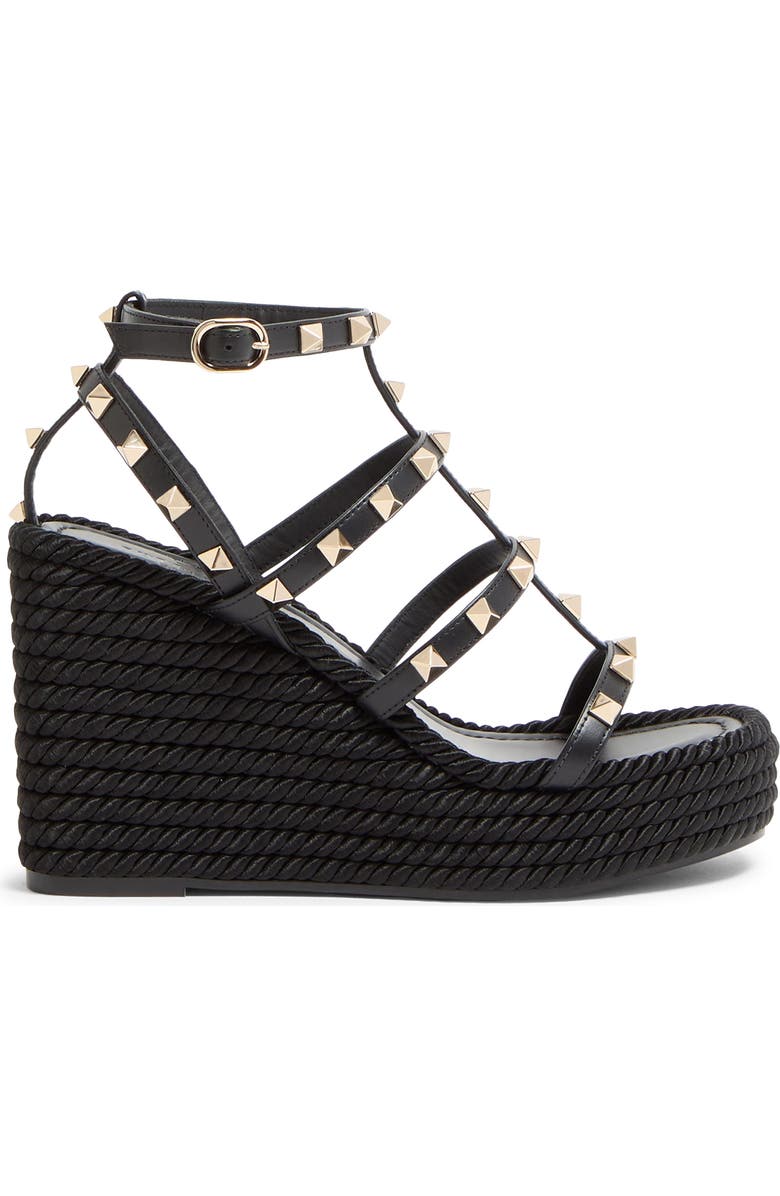 Valentino Rockstud Ankle Strap Wedge Sandal, Alternate, color, Black