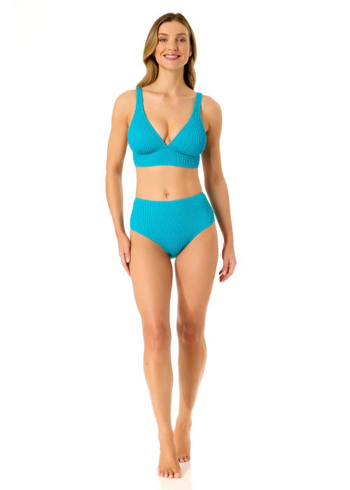 Anne Cole Live In Color Textured Shirred Soft Band Bralette Bikini Swim Top In Freshwater Turquoise