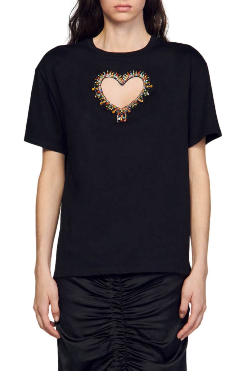 SANDRO Murphy Rhinestone Heart Cutout Top, Main, color, 