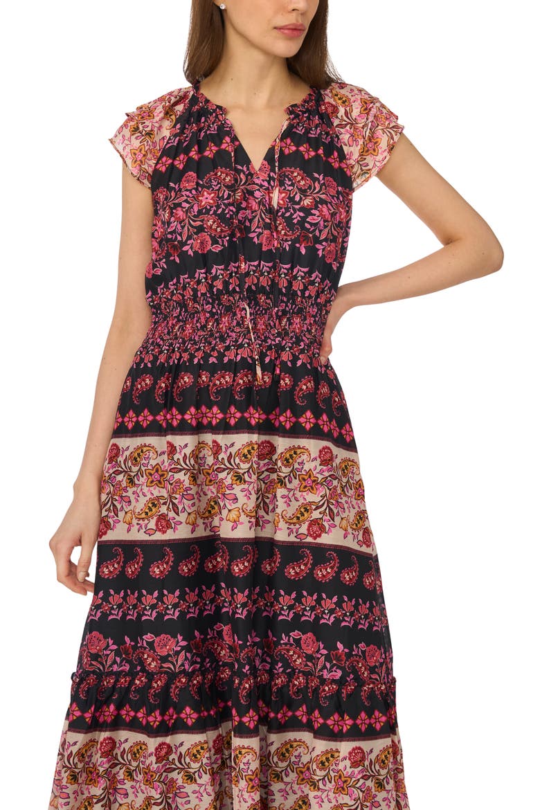 Print Flutter Sleeve Midi Dress, Alternate, color, RICH BLACK