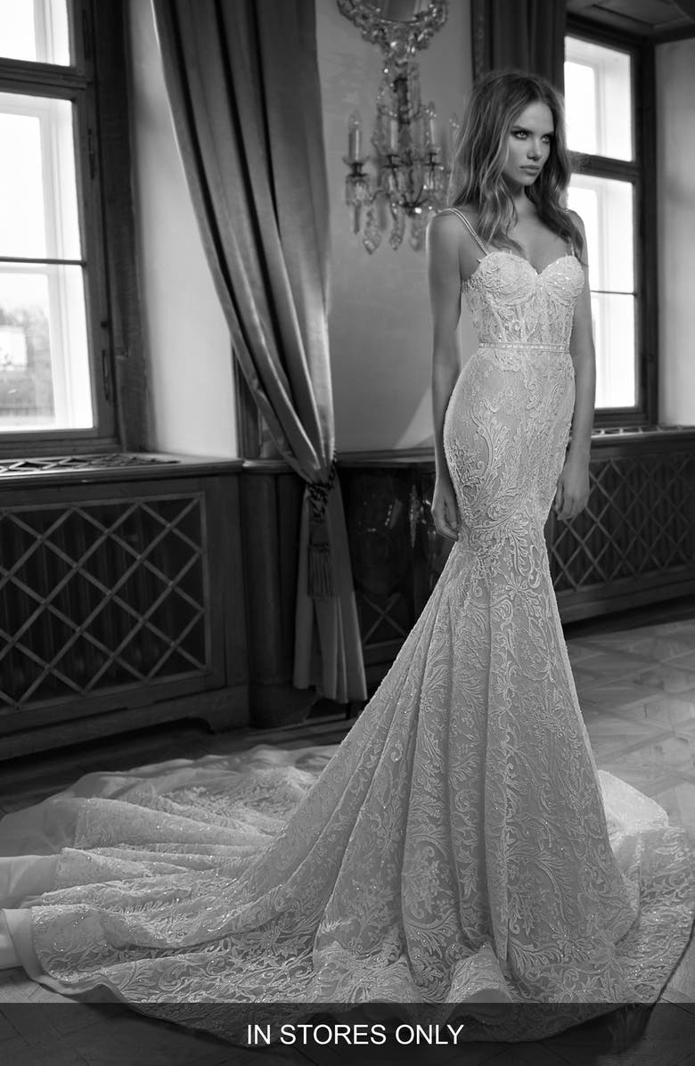 Berta Open Back Beaded Lace Corset Dress, Main, color, 