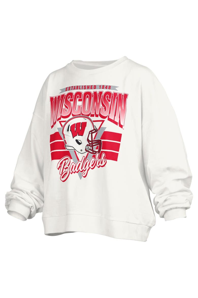 Women's Pressbox White Wisconsin Badgers Janice Retro Logo Oversized Pullover Sweatshirt, Alternate, color, White