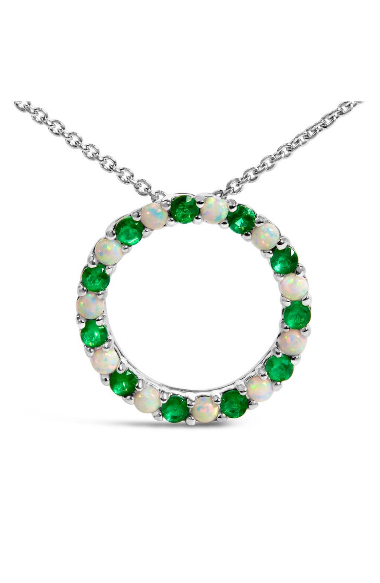 Haus of Brilliance Silver Alternating Created Green Emerald and Opal Circle Pendant Necklace, Main, color, White