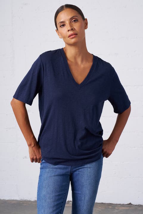 Slub Jersey V-Neck Elbow Sleeve Tee
