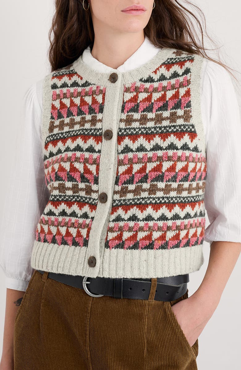 Seasalt Cornwall Dawson Pick Fair Isle Merino Wool Blend Sweater Vest, Main, color, Knit Zig Zag Geo Aran Red Sail