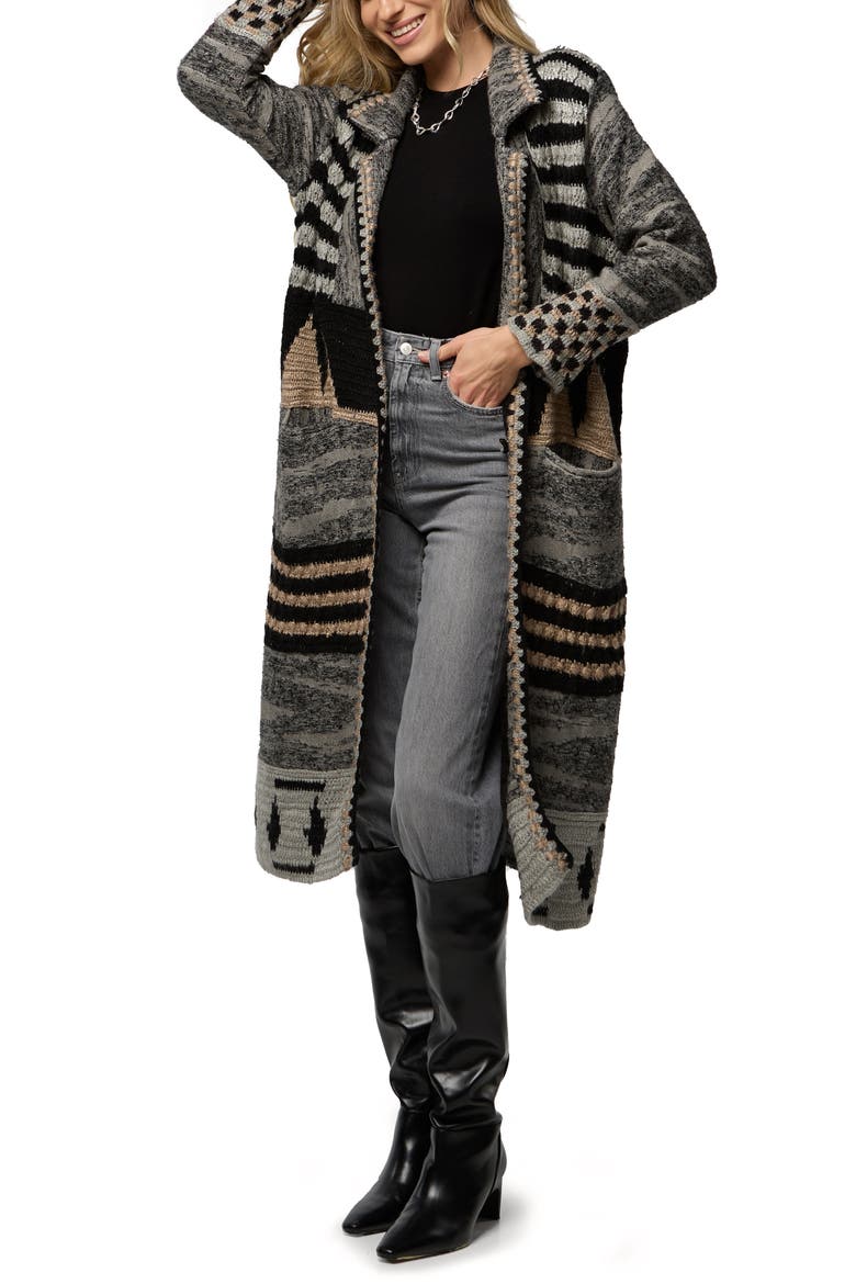 Geometric Crochet Longline Cardigan, Main, color, BLACK