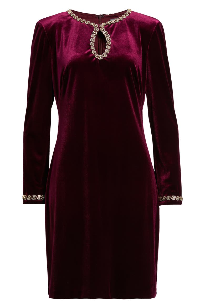 Beaded Keyhole Long Sleeve Velvet Dress, Alternate, color, WINE