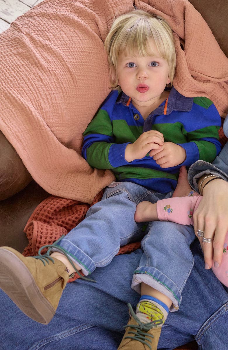 Mini Boden Kids' Stripe Cotton Rugby Shirt, Alternate, color, Artichoke Green / Surf The Web