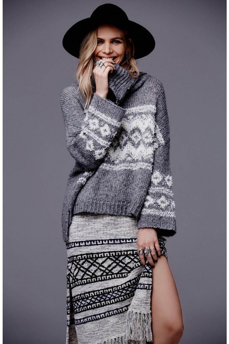 Fair Isle Split Neck Sweater, Alternate, color, CHARCOAL/ IVORY