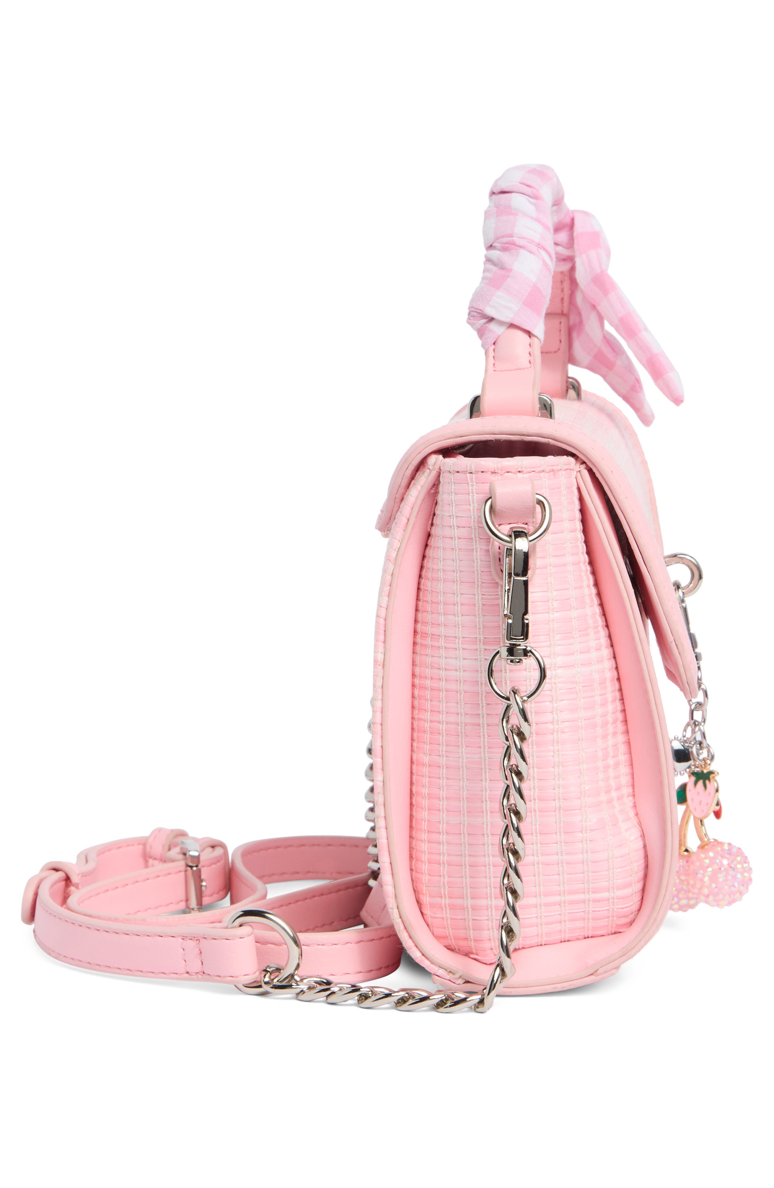 Scarf & Fruit Charm Straw Handbag, Alternate, color, BALLET PINK