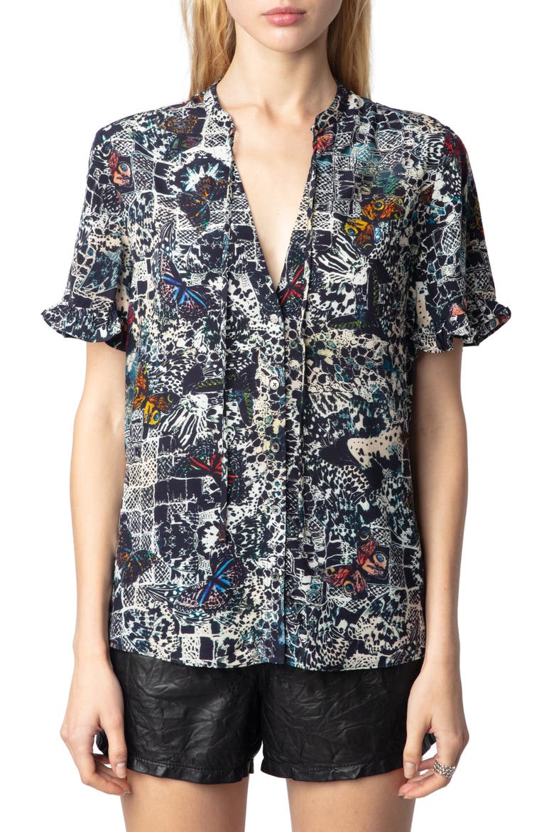 Tafiz Butterfly Print Tie Neck Button-Up Shirt, Main, color, ENCRE