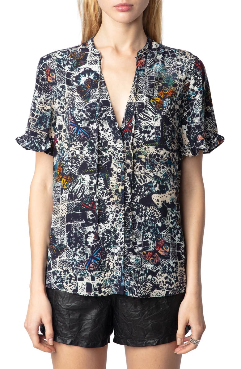 Zadig & Voltaire Tafiz Butterfly Print Tie Neck Button-Up Shirt, Main, color,