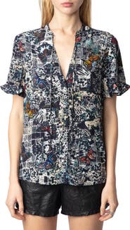 Zadig & Voltaire Tafiz Butterfly Print Tie Neck Button-Up Shirt