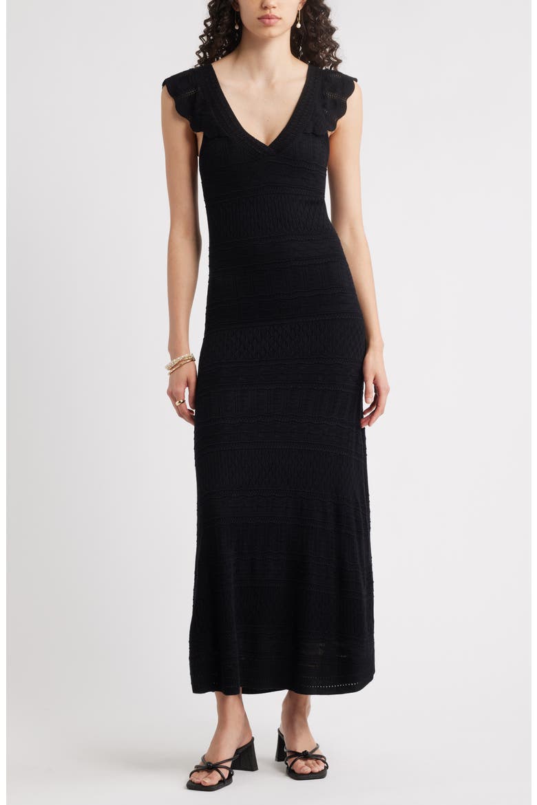 Pointelle Flutter Maxi Sweater Dress, Main, color, BLACK