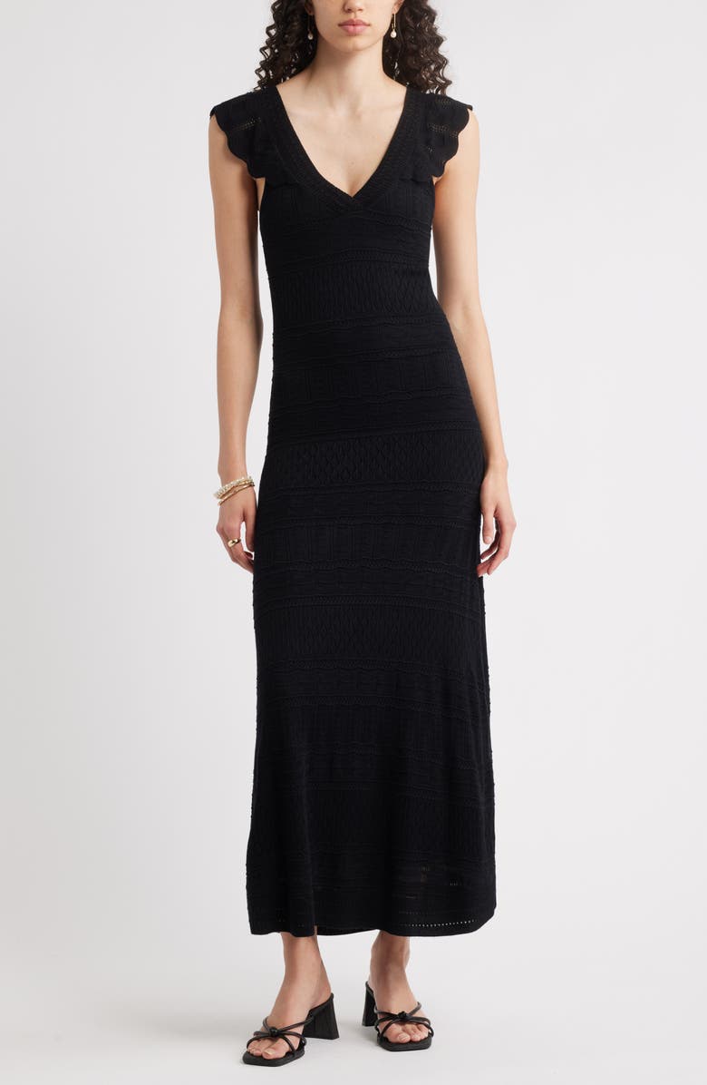 Chelsea28 Pointelle Flutter Maxi Sweater Dress, Main, color, Black