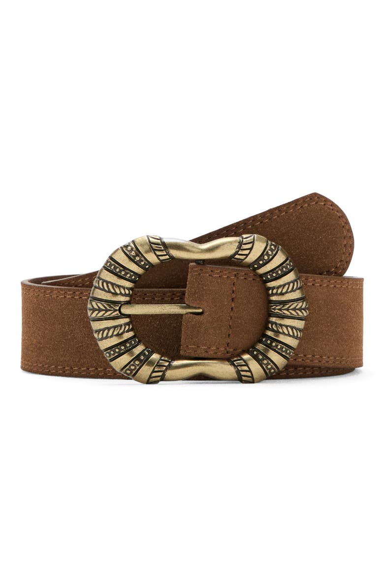Suede Belt with Engraved Buckle, Main, color, BROWN
