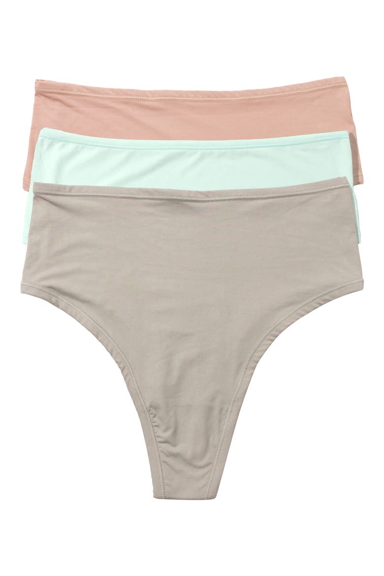 YourFit™ Assorted 3-Pack High Waist Thongs, Main, color, ALMND MLK CRYSTL CLR SLP GRY