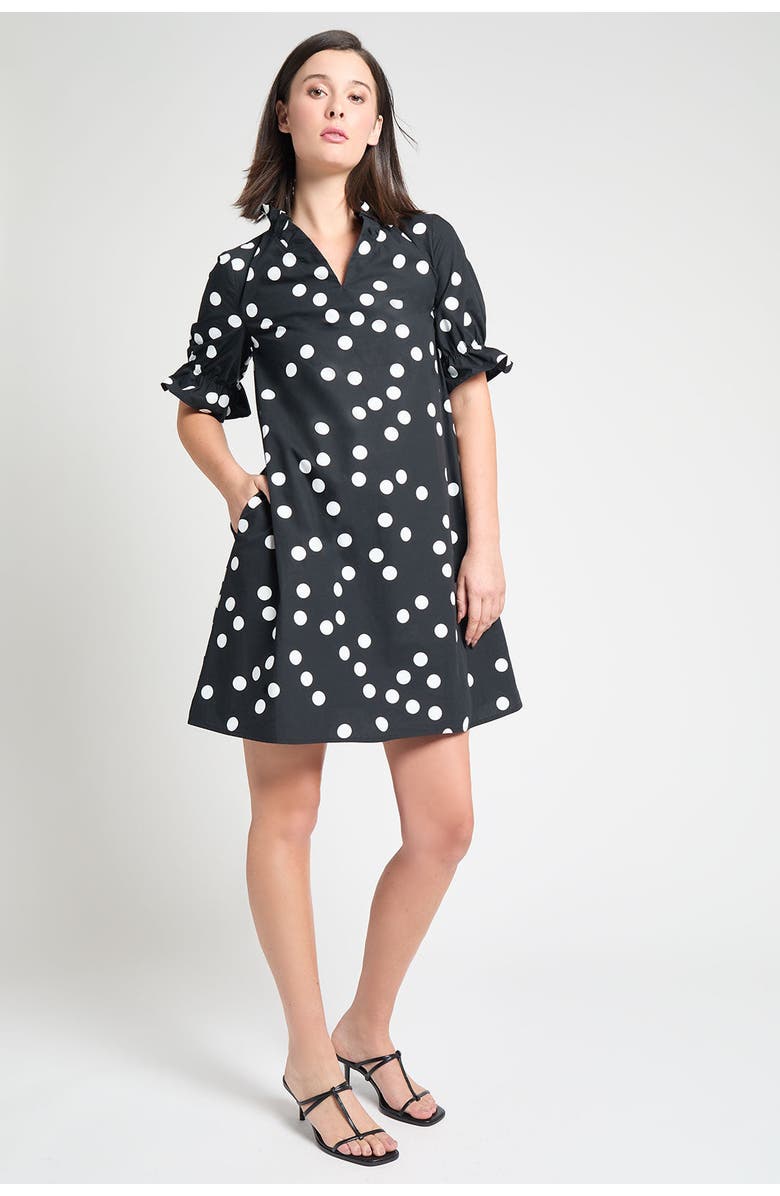 Ming Wang Modern Fit Ruffle Detail Cotton Poplin Shift Dress, Alternate, color, Black/White