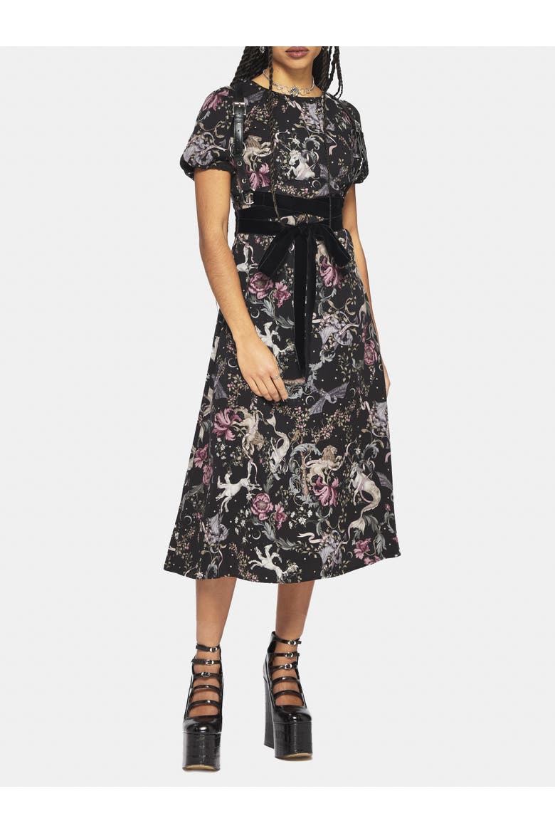 Merunicorn Enchanted Forest Midi Dress, Alternate, color, Black