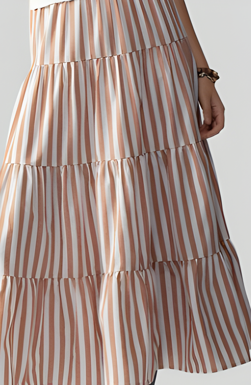 Modenaire Striped Tiered A-line Maxi Skirt With Elastic Waist And Soft Drape In Brown