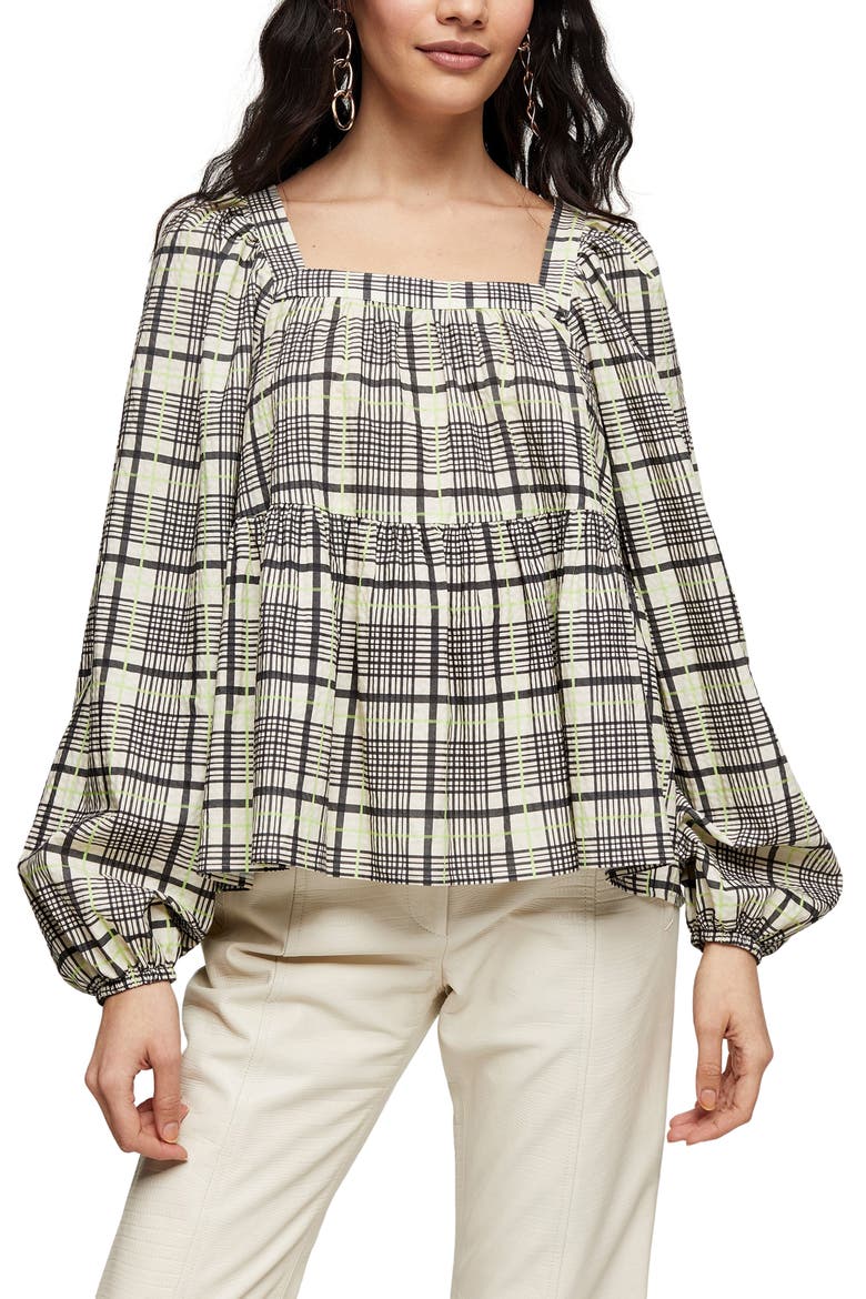 Plaid Square Neck Smock Top, Main, color, GREEN MULTI