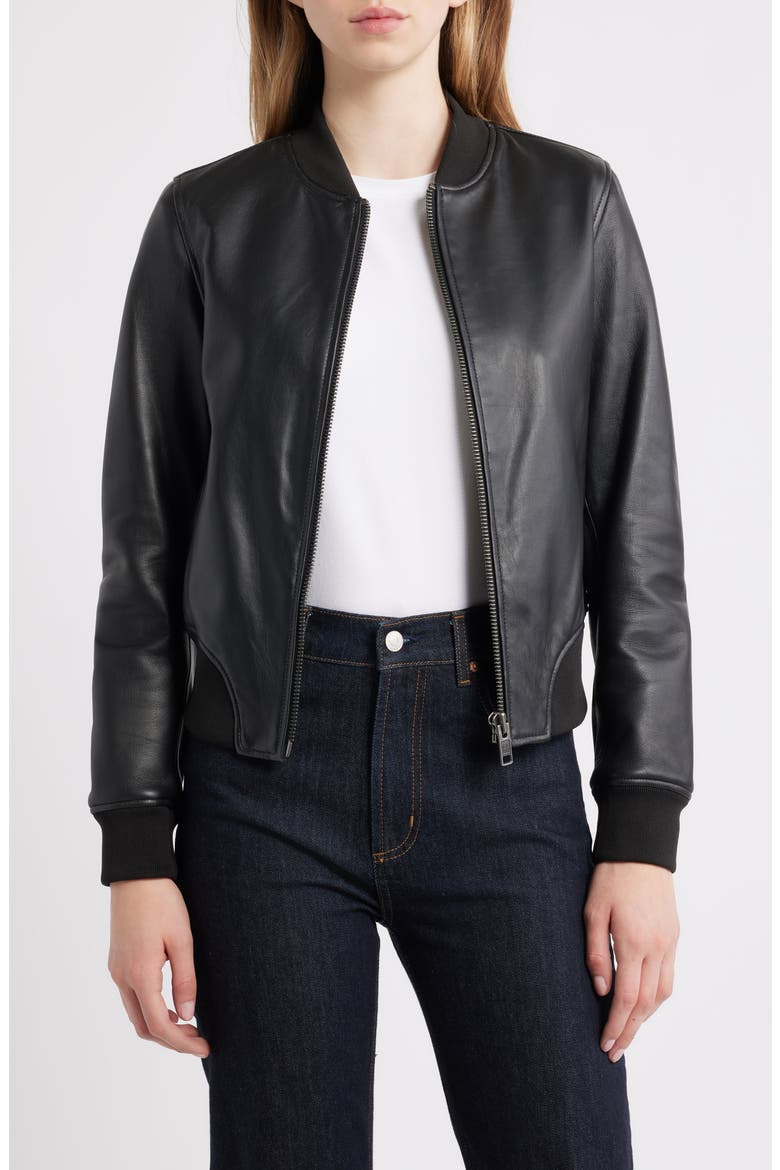 Classic Leather Bomber Jacket, Main, color, BLACK