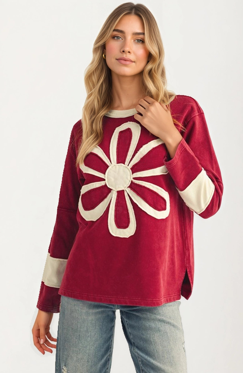 Bold Floral Applique Long Sleeve Relaxed Fit Top