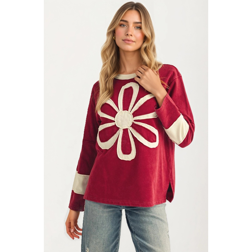 Knit and Lounge Bold Floral Applique Long Sleeve Relaxed Fit Top in Red With Floral Applique  product
