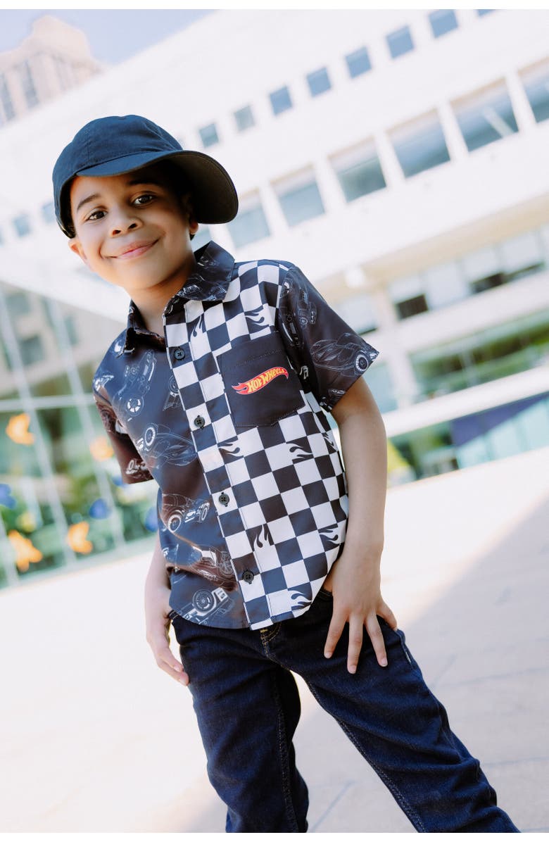 Hot Wheels Boys' Racing Button Down Shirt, Alternate, color, Black Checkerboard