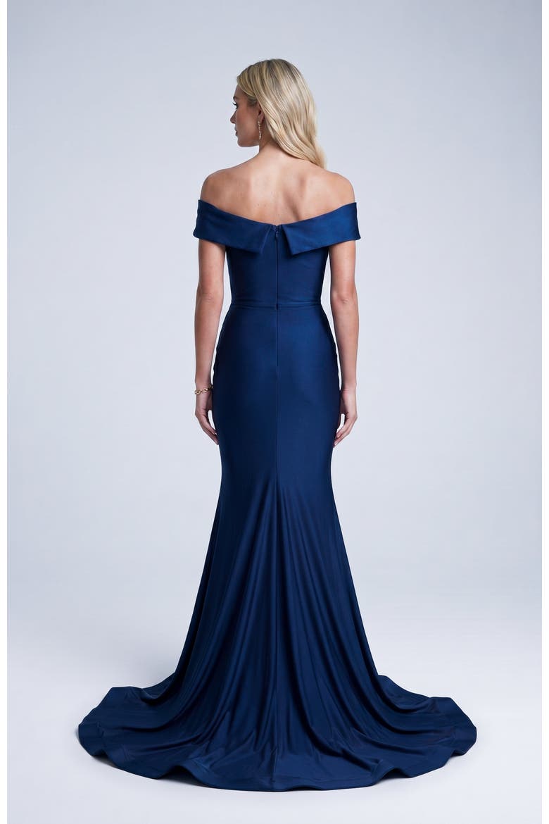 Off The Shoulder Ruched Mermaid Evening Gown, Alternate, color, Navy