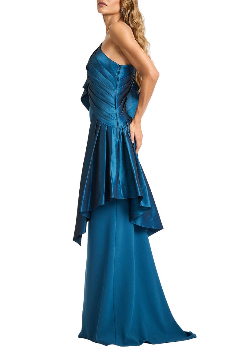 Draped One-Shoulder Mixed Media Gown, Alternate, color, CERULEAN