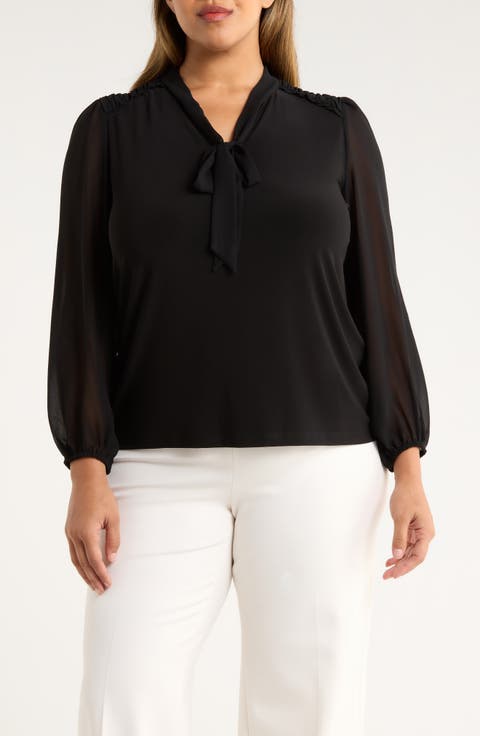 Tie Neck Long Sleeve Woven Shirt (Plus)