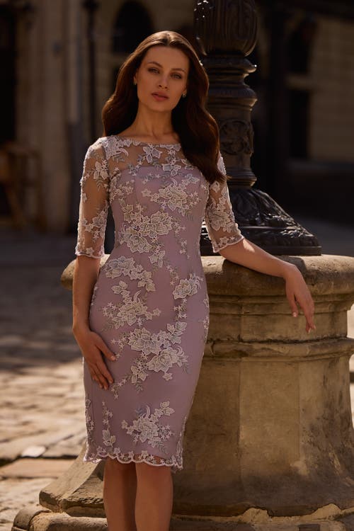 La Femme Tea Length Lace Gown With Three Quarter Sleeves In Lavender/gray