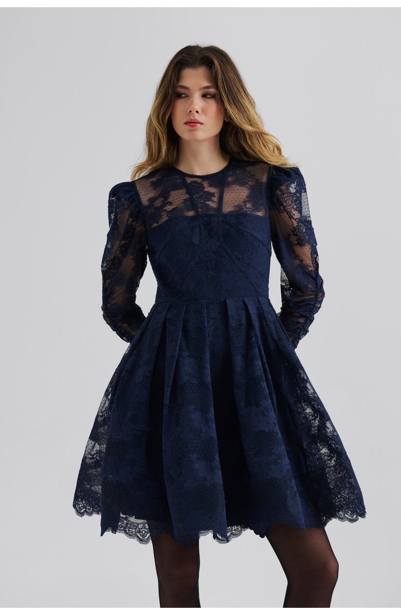 Malina Leoni Lace Long Sleeve Mini Dress, Main, color, Dark Blue