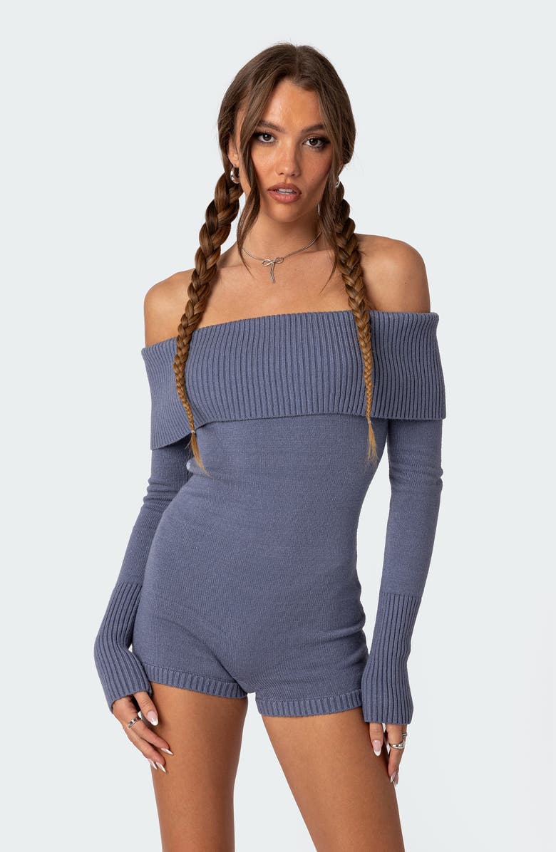 EDIKTED Pandorah Long Sleeve Off the Shoulder Knit Romper, Alternate, color, Blue