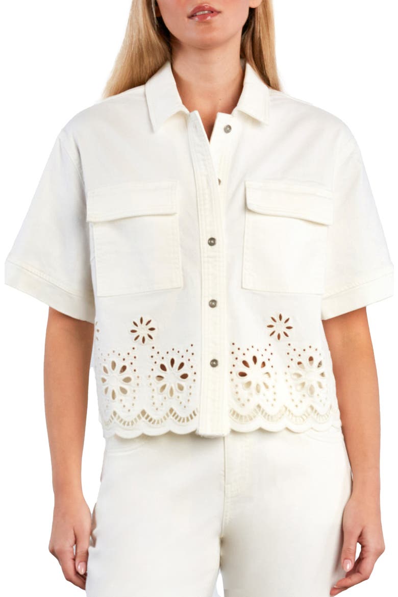Petal Eyelet Denim Button-Up Shirt, Main, color, BRIGHT WHITE