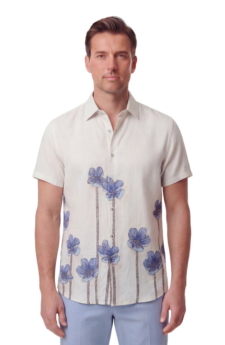 Lords of Harlech Crafty Floral Short Sleeve Fine Linen Shirt, Main, color, Crafty Floral Ivory