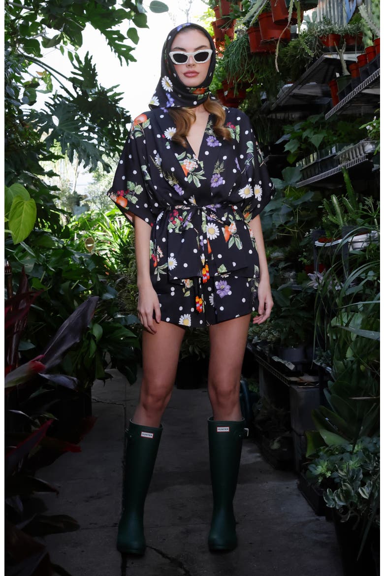 Floral Print Drawstring Shorts, Alternate, color, BLACK SCATTERED BOTANICAL
