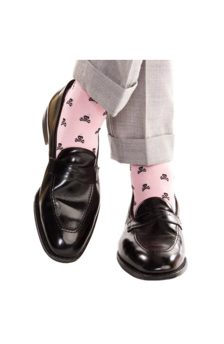 Trafalgar Rodger Skull and Cross Bones Over The Calf Mercerized Cotton Socks, Alternate, color, Pink