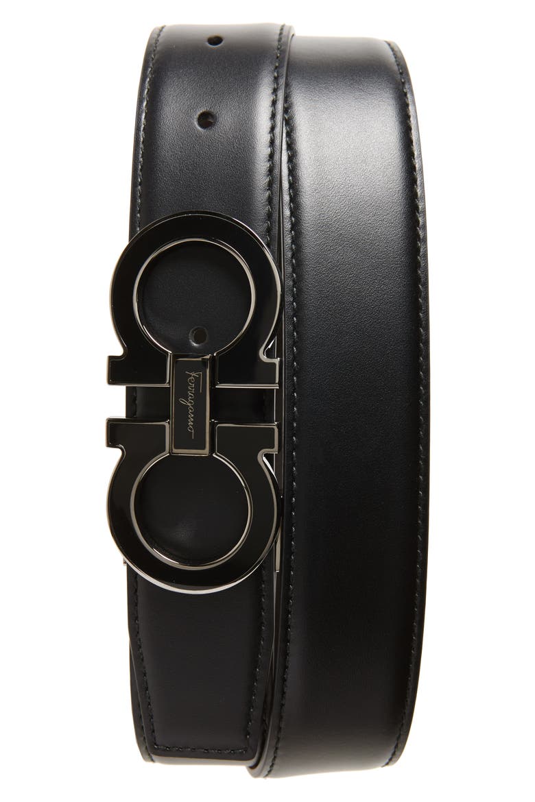 Double Gancio Leather Belt, Main, color, BLACK