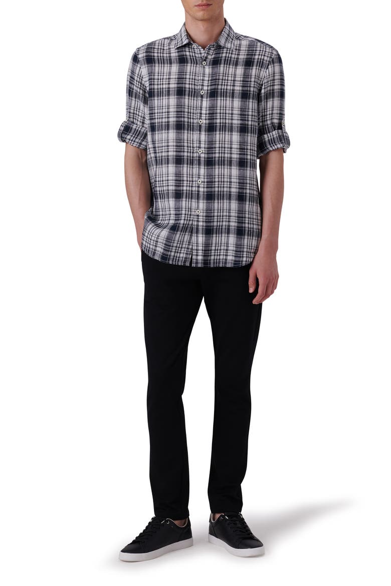 Shaped Fit Plaid Linen Button-Up Shirt, Alternate, color, BLACK