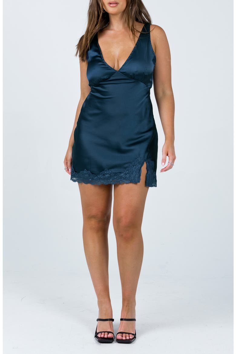 Athena Lace Trim Satin Minidress, Main, color, BLUE