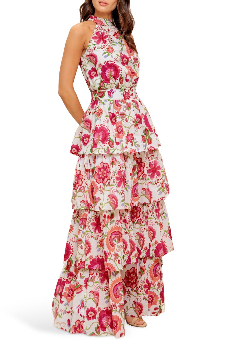 FLYING TOMATO Floral Print Halter Neck Maxi Dress, Alternate, color, Ivory Red