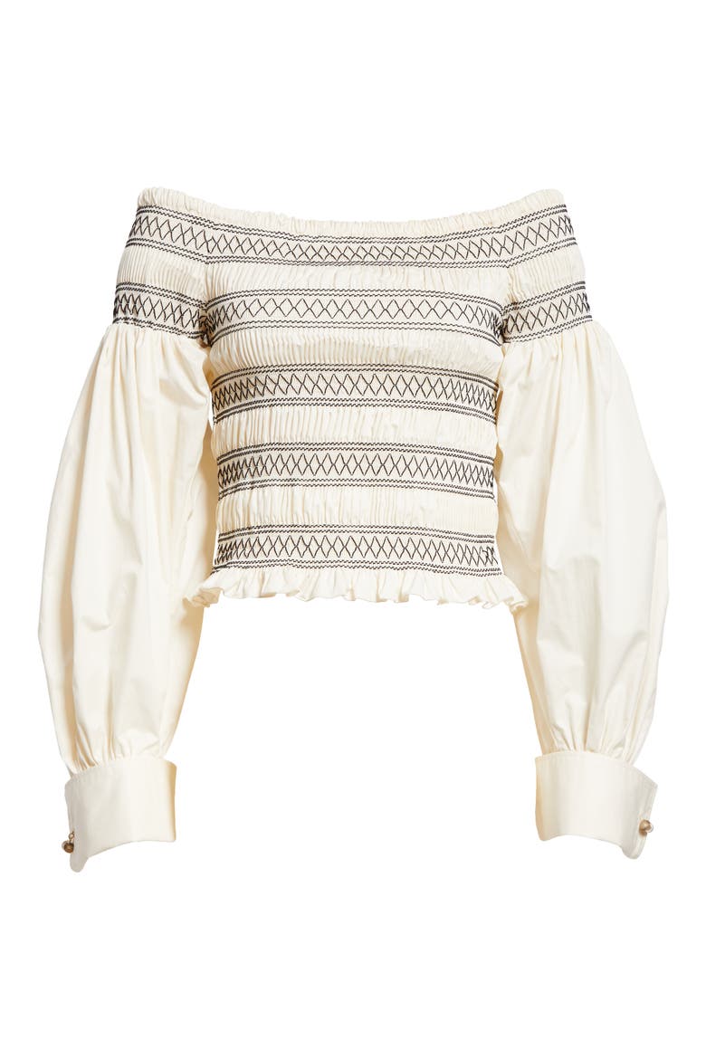 Walk Smocked Off the Shoulder Top, Alternate, color, IVORY