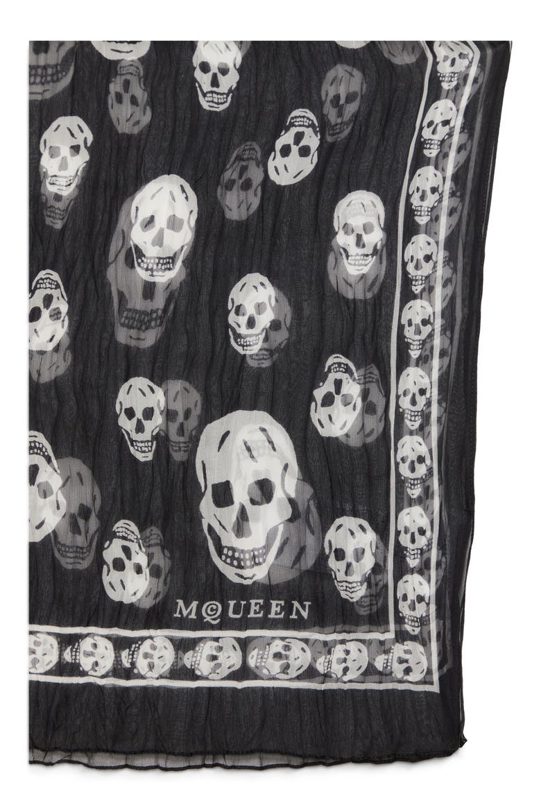 Skull Print Pleated Silk Scarf, Alternate, color, BLACK/ IVORY